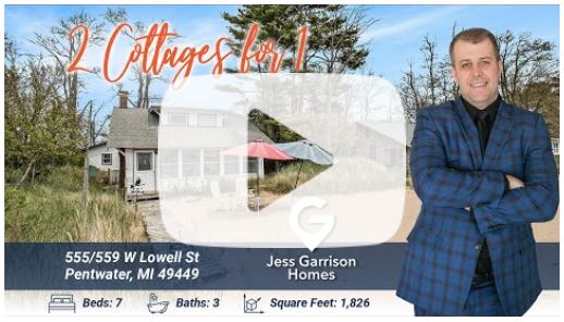 Spacious real estate listing featuring two cottages in Pentwater, MI, with details on bedrooms, bathrooms, and square footage, showcased by Jess Garrison Homes.